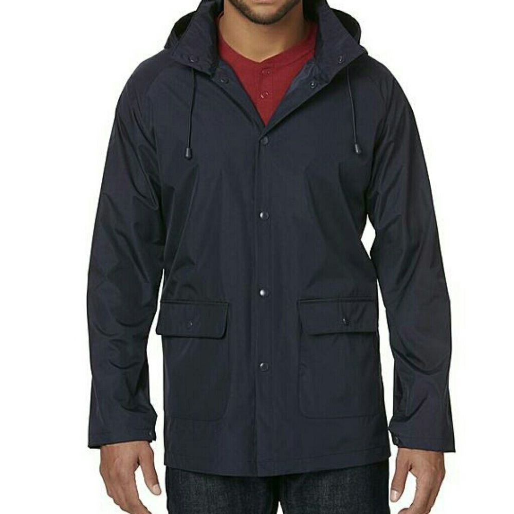 Basic Editions Navy Blue Hooded Rain Jacket Waterproof Windbreaker Coat S NWT